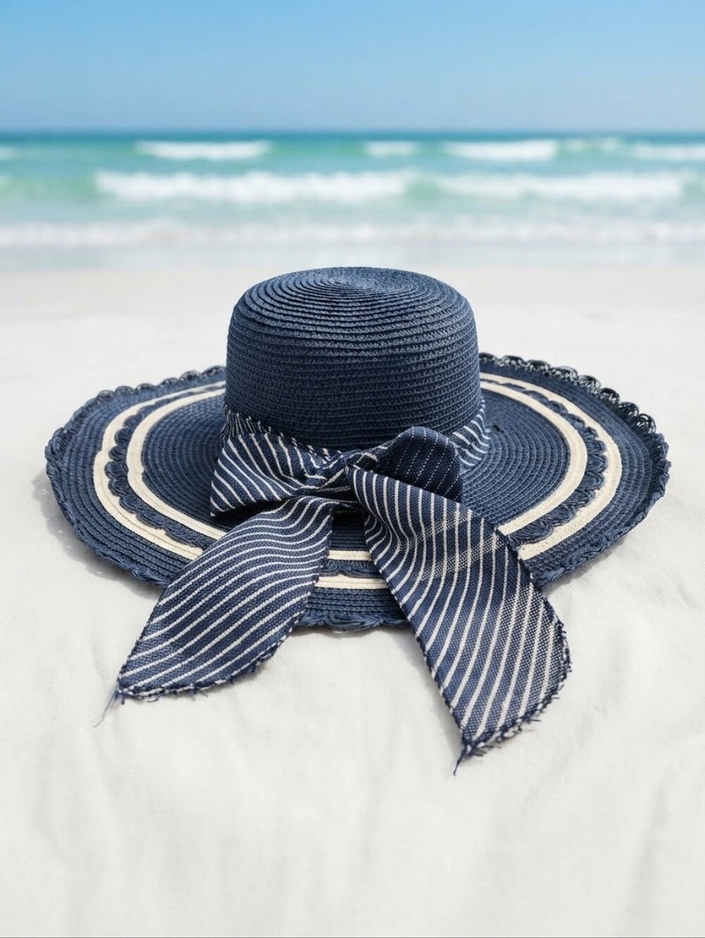 Striped Bow Navy Wide-Brim Straw Hat for Women
